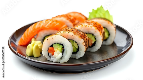 Japanese sushi on the plate isolated on white background. Ai generted image