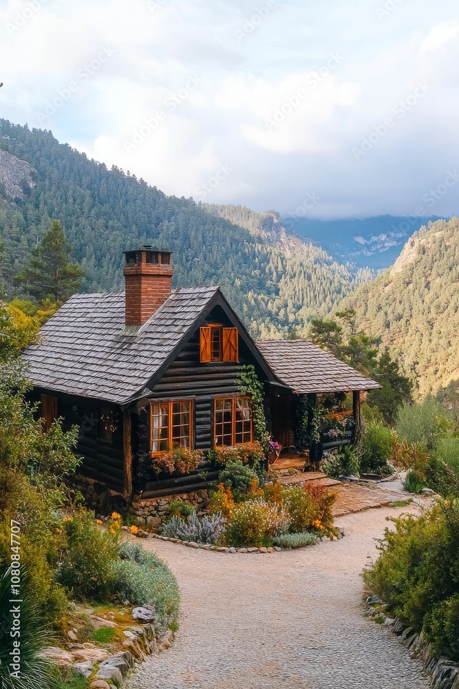 A rustic cabin nestled in a mountain forest. A rustic cabin nestled in a mountain forest.