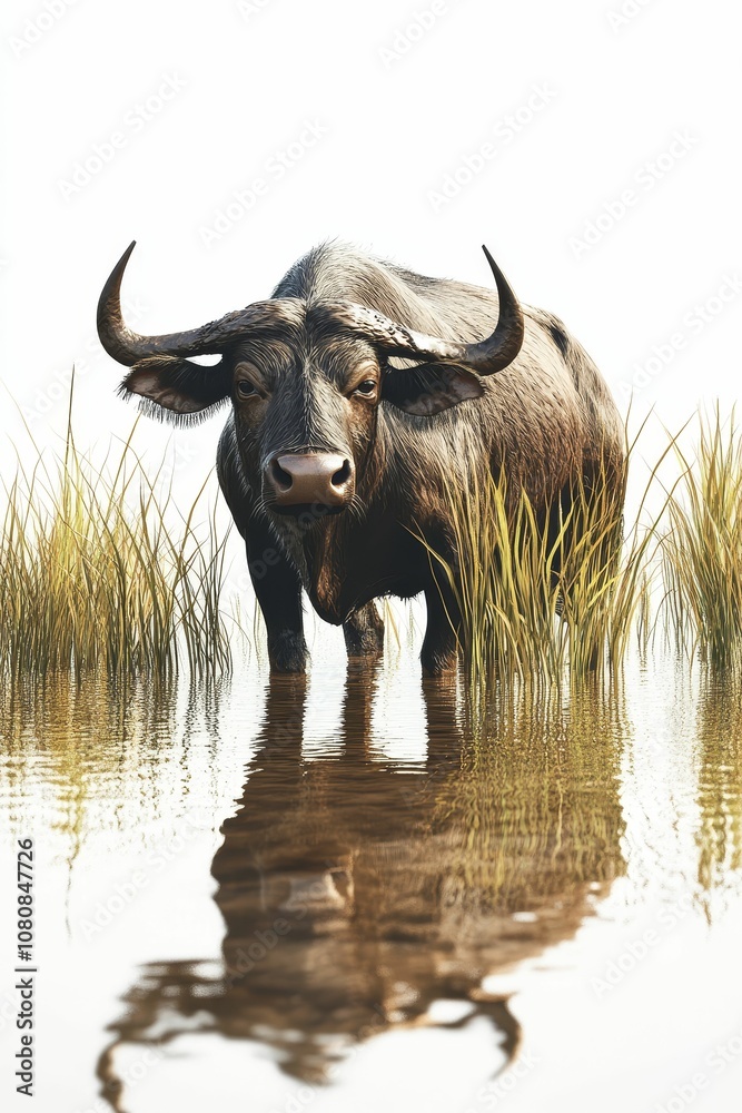 Naklejka premium Water buffalo in water with tall grass.