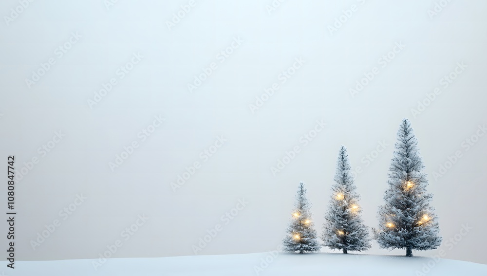 Fototapeta premium Winter Christmas background with small trees, lights, and snow