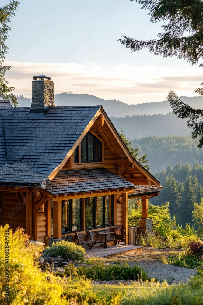 A wooden cabin nestled in a forested mountain setting. A wooden cabin nestled in a forested mountain setting.