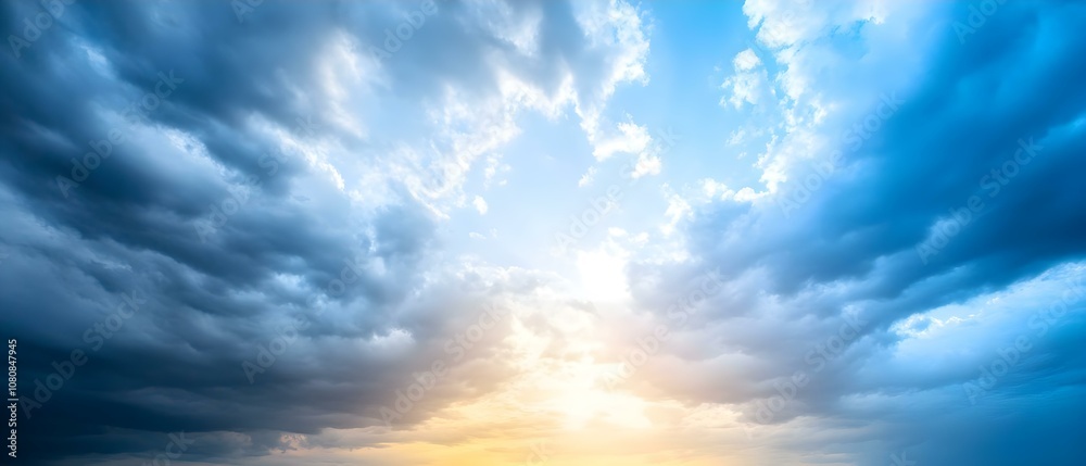 A dramatic sky with a mix of dark and light clouds, illuminated by sunlight breaking through near the horizon. Concept Dramatic Sky, Cloud Contrast, Sunlight Breakthrough, Horizon Illumination A dramatic sky with a mix of dark and light clouds, illuminated by sunlight breaking through near the horizon. Concept Dramatic Sky, Cloud Contrast, Sunlight Breakthrough, Horizon Illumination