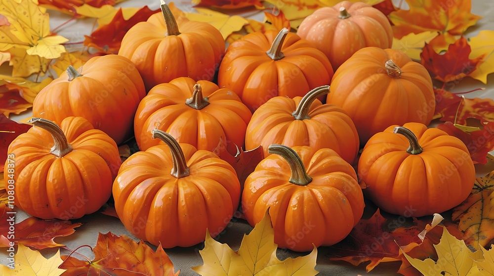 Close-up of various sizes of orange pumpkins surrounded by colorful autumn leaves on a light, rustic background, offering a warm and inviting fall aesthetic