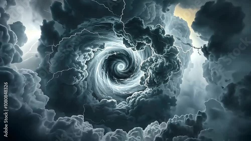 Incredible, huge whirlpool in ocean, sea bellow supercell with lightning and dust storm spinning in sky full of dark storm clouds