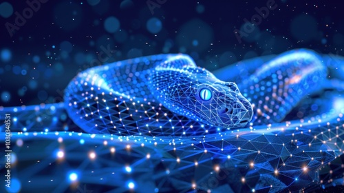 A digital rendering of a snake composed of glowing blue lines and dots on a dark background.