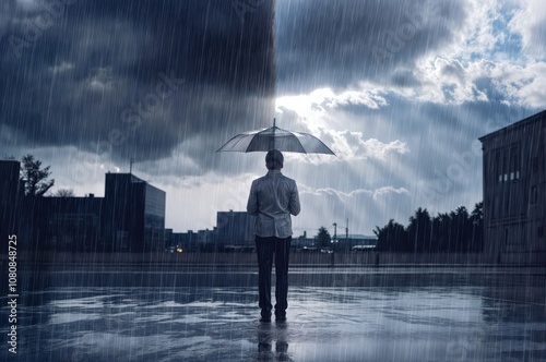 Hope in the Storm: Person Holding Umbrella in Rain with Clearing Sky Symbolizing Resilience

