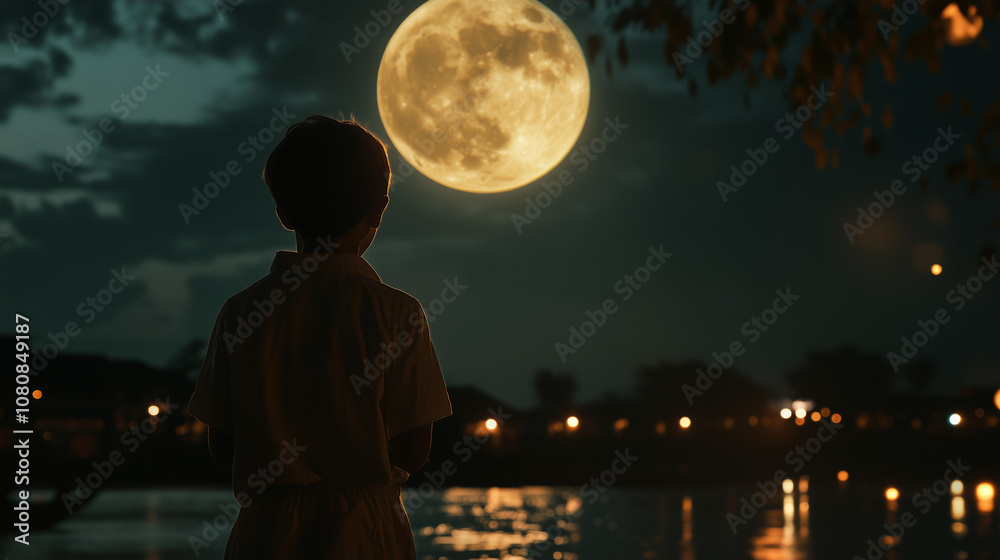 Fototapeta premium A young Asian boy standing by the river, full moon in background