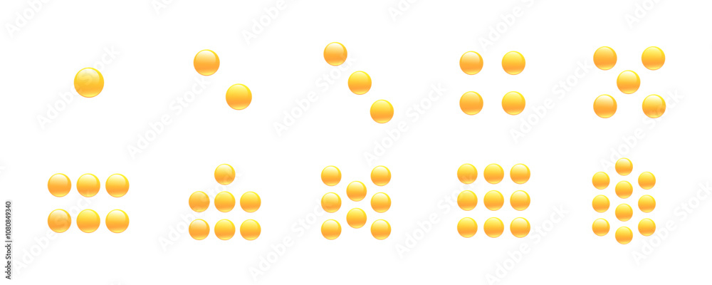 A set of images of numbers in the form of groups of gold-colored balls from one to ten. Suitable for teaching children counting and arithmetic. A set of images of numbers in the form of groups of gold-colored balls from one to ten. Suitable for teaching children counting and arithmetic.