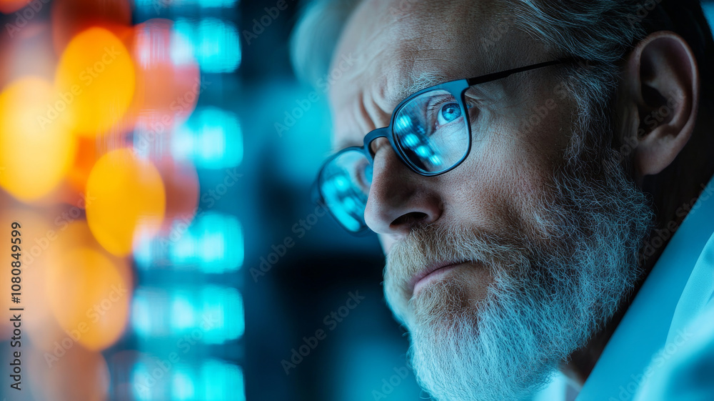 A focused scientist with glasses and beard is deep in thought, surrounded by vibrant blue and orange lights, reflecting high tech environment A focused scientist with glasses and beard is deep in thought, surrounded by vibrant blue and orange lights, reflecting high tech environment