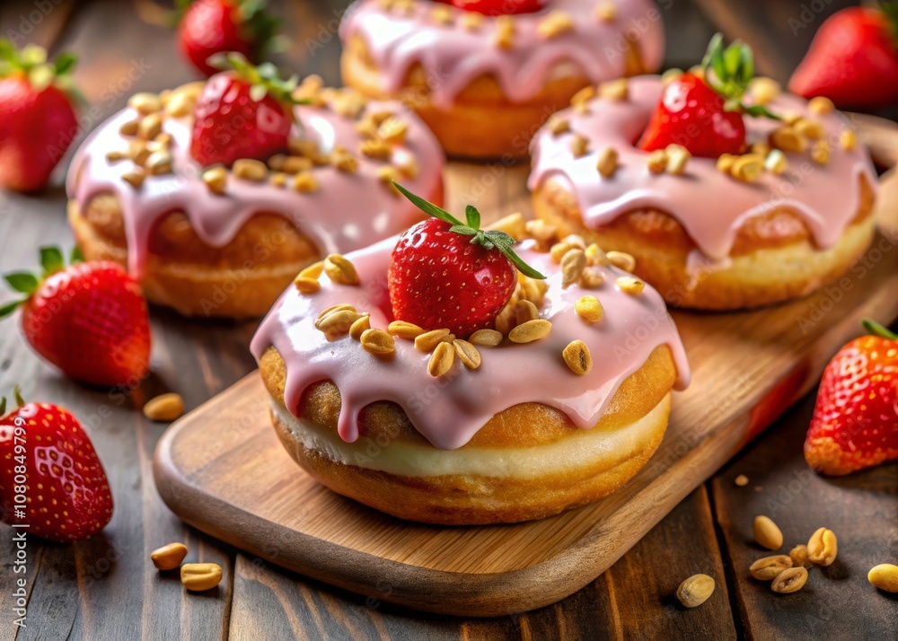 Delicious Strawberry and Vanilla Donuts Topped With Peanuts on a Wooden Board Surrounded by Juicy Strawberries Perfect for Sweet Treat Lovers Delicious Strawberry and Vanilla Donuts Topped With Peanuts on a Wooden Board Surrounded by Juicy Strawberries Perfect for Sweet Treat Lovers