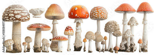 Collection of different types of mushrooms isolated  on transparent background