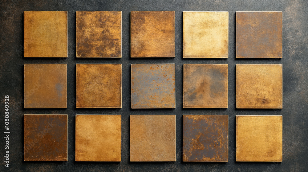Overhead view of fifteen square ceramic tiles with various shades of rusty brown and orange textures arranged in a grid pattern on a dark background surface. Overhead view of fifteen square ceramic tiles with various shades of rusty brown and orange textures arranged in a grid pattern on a dark background surface.