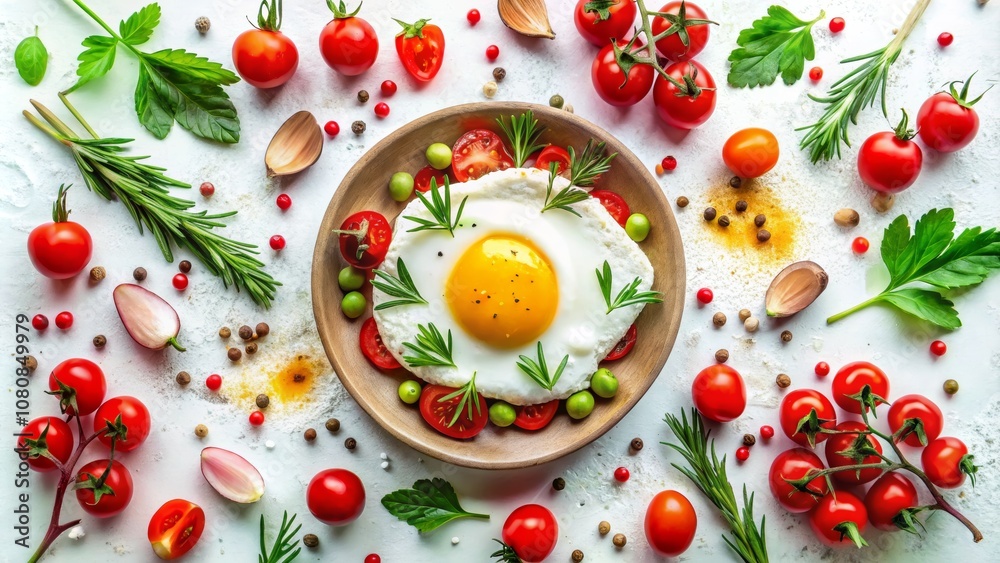 Fresh Fried Egg Surrounded by Vibrant Cherry Tomatoes and Nutritious Greens, Perfectly Styled for Culinary Visuals and Healthy Eating Inspiration Fresh Fried Egg Surrounded by Vibrant Cherry Tomatoes and Nutritious Greens, Perfectly Styled for Culinary Visuals and Healthy Eating Inspiration