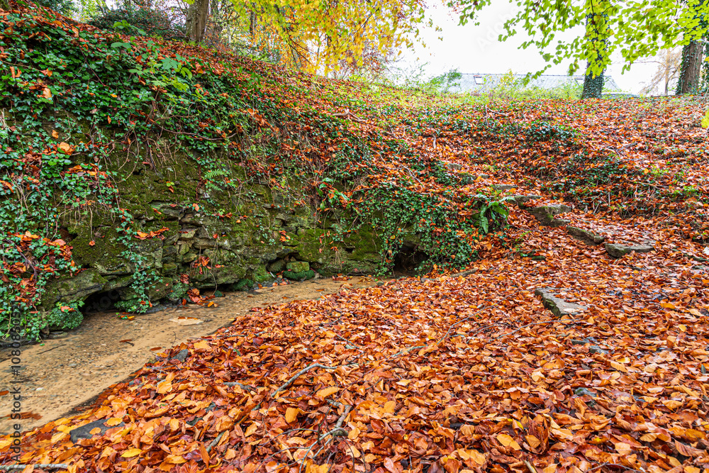 The spring marking the source of the River Churn at Seven Springs near the Cotswold village of Coberley, Gloucestershire, England UK - The furthest head water of the River Thames