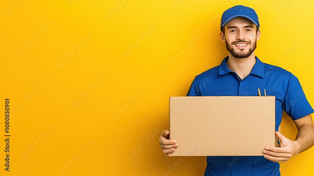 Smiling delivery man in blue uniform holding a cardboard box against a bright yellow background Smiling delivery man in blue uniform holding a cardboard box against a bright yellow background