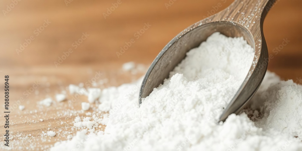 A close-up of a scoop filled with white powder in selective focus, surface, ingredient A close-up of a scoop filled with white powder in selective focus, surface, ingredient