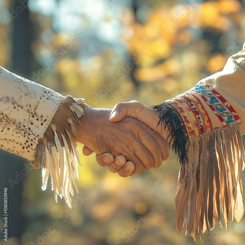 Close-up of a Pilgrim and a Native American shaking hands, detailed traditional attire, soft sunlight creating a peaceful and respectful atmosphere, symbolic of mutual respect and understanding