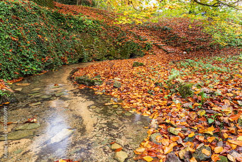 Obraz na płótnie The spring marking the source of the River Churn at Seven Springs near the Cotswold village of Coberley, Gloucestershire, England UK - The furthest head water of the River Thames w salonie