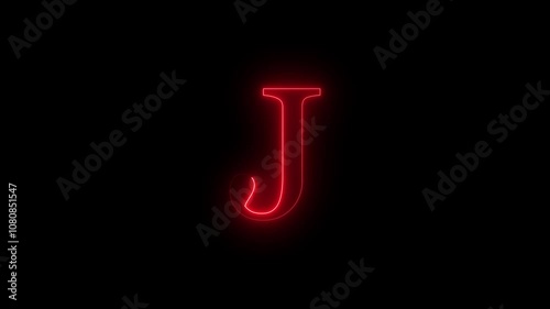 Glowing neon effect with letter J alphabet on black background. video footage. 4k animation. Neon letter J animation