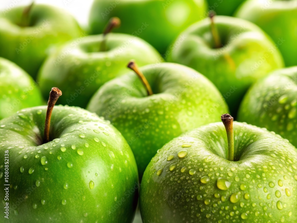 Vibrant Green Apples Isolated on a Transparent Background with Water Droplets, Showcasing Freshness and Delightful Tilt Shift Effect for Visual Appeal Vibrant Green Apples Isolated on a Transparent Background with Water Droplets, Showcasing Freshness and Delightful Tilt Shift Effect for Visual Appeal