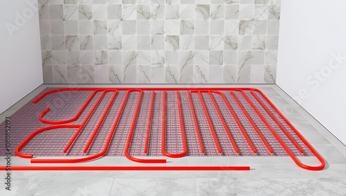 Underfloor heating installation concept. Mat elecric heating system with ceramic tiles and cement layers. photo