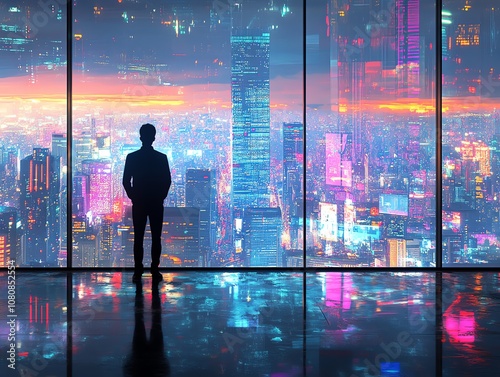 A lone figure stands in an office overlooking a colorful cityscape, watching the sunset and reflecting on the day.