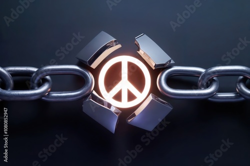 Break the Chains of Conflict: Glowing Peace Sign Emerging from a Broken Metallic Chain
