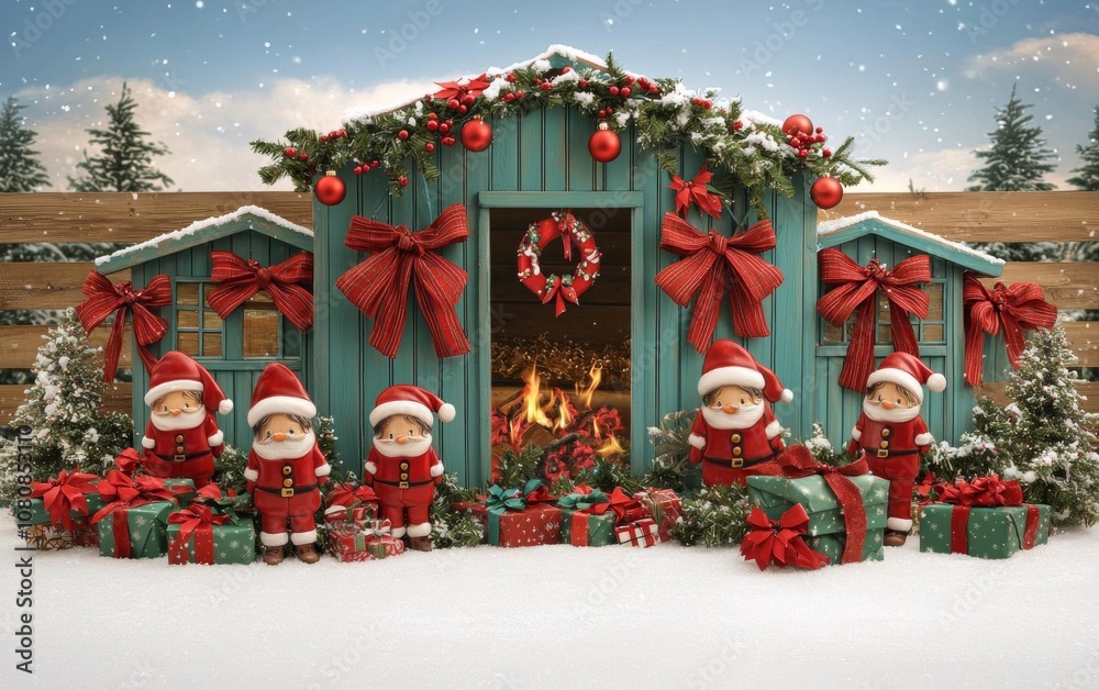 Fototapeta premium Festive Christmas fireplace Winter and Christmas holidays background , isolated on white background, , copy space, copy space for text,