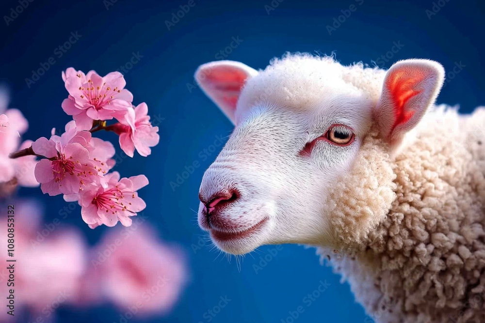 Sheep grazing on a hillside surrounded by blooming flowers, idyllic spring countryside Sheep grazing on a hillside surrounded by blooming flowers, idyllic spring countryside