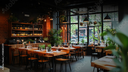 Wallpaper Mural A modern restaurant interior featuring wooden tables, black chairs, and large windows that allow natural light to flood space. warm brick walls and greenery create cozy atmosphere, perfect for dining Torontodigital.ca