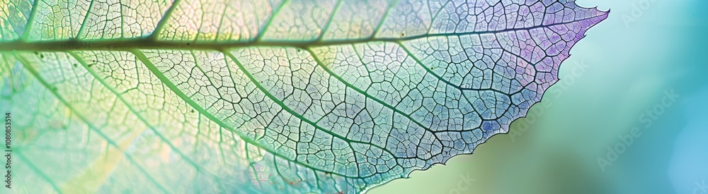 Obraz premium transparent skeleton leaves in blue, turquoise, pink, and peach pastel colors, highlighting delicate textures and intricate patterns, symbolizing fragility, beauty, and the passage of time