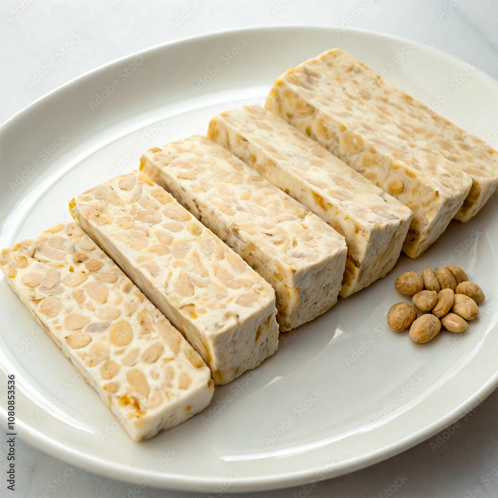 This image again features sliced tempeh bars on a white plate with a few beans nearby. The white background creates a clean and simple look, drawing attention to the product. This image again features sliced tempeh bars on a white plate with a few beans nearby. The white background creates a clean and simple look, drawing attention to the product.