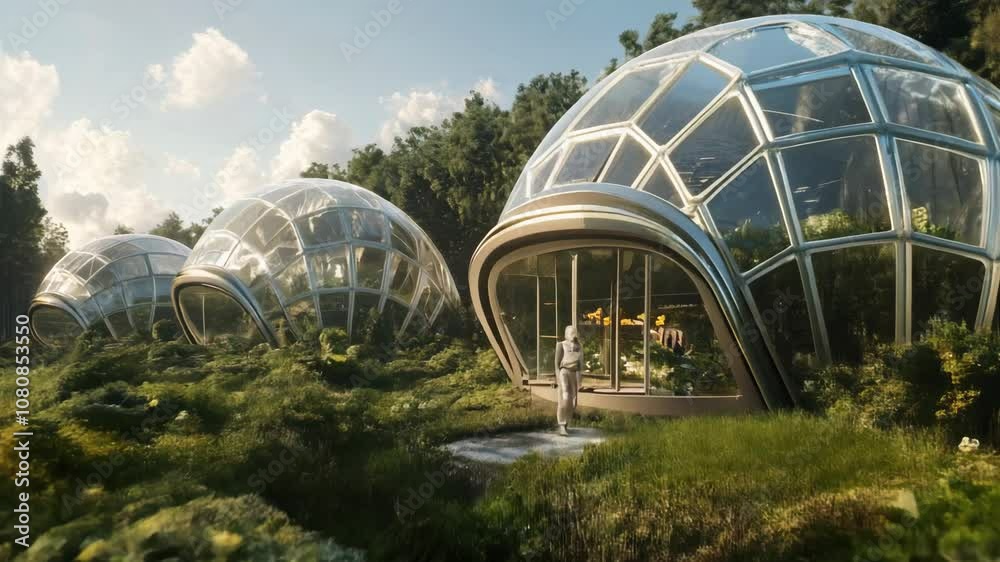 Astronaut in a white space suit enters a futuristic geodesic greenhouse nestled in a forest, showcasing a blend of advanced technology and nature's beauty Astronaut in a white space suit enters a futuristic geodesic greenhouse nestled in a forest, showcasing a blend of advanced technology and nature's beauty