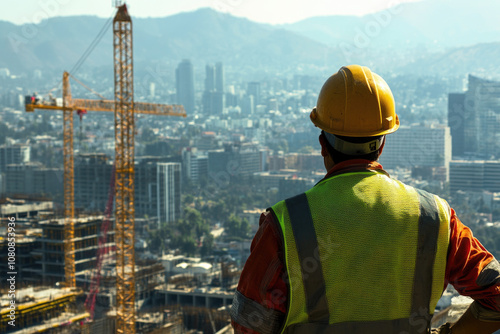 Back view of a construction worker in a yellow hard hat and safety vest overlooking a bustling construction site checking progress and development