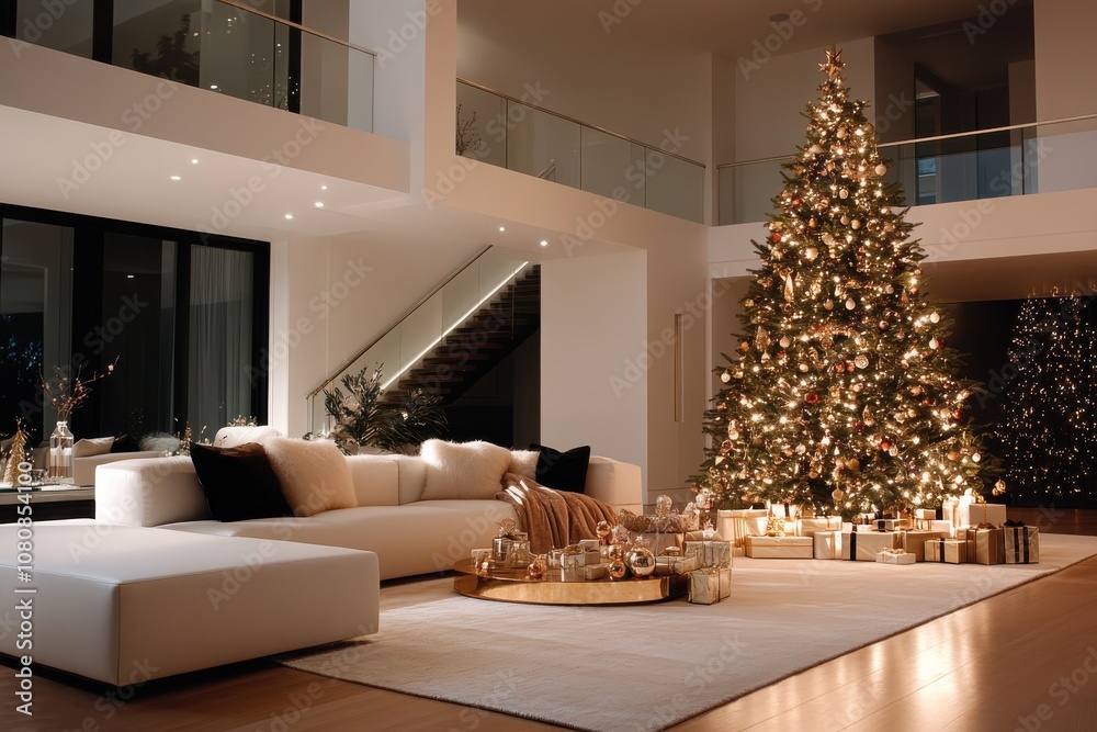A luxurious modern living room features a grand Christmas tree adorned with golden ornaments and twinkling lights, surrounded by plush white furniture and wrapped gifts. A luxurious modern living room features a grand Christmas tree adorned with golden ornaments and twinkling lights, surrounded by plush white furniture and wrapped gifts.