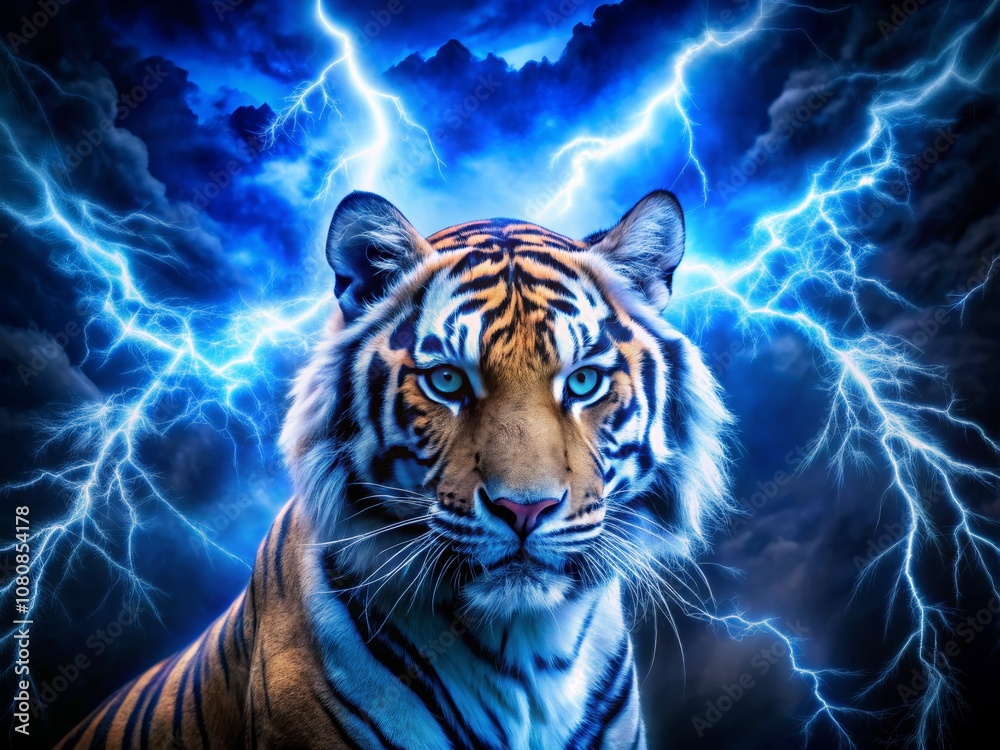 Majestic Tiger in a Striking Double Exposure with Electric Blue Lightning Set Against a Dramatic Cloudy Background Majestic Tiger in a Striking Double Exposure with Electric Blue Lightning Set Against a Dramatic Cloudy Background
