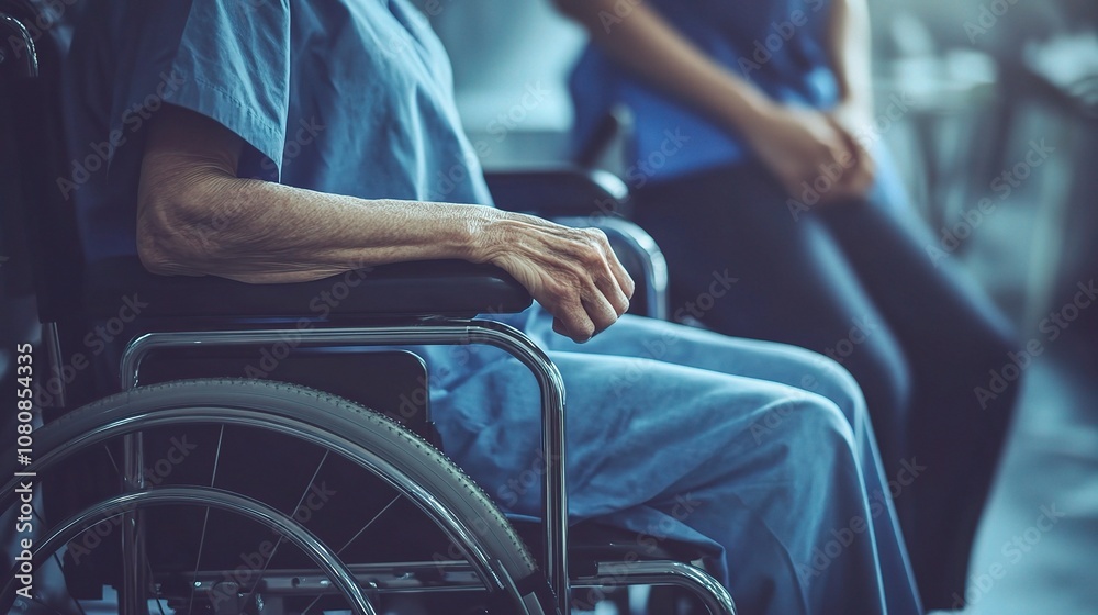 Obraz premium Elderly Woman in Wheelchair Receiving Care and Support from Attendant in a Health Care Setting, Emphasizing Compassionate Assistance and Empowerment