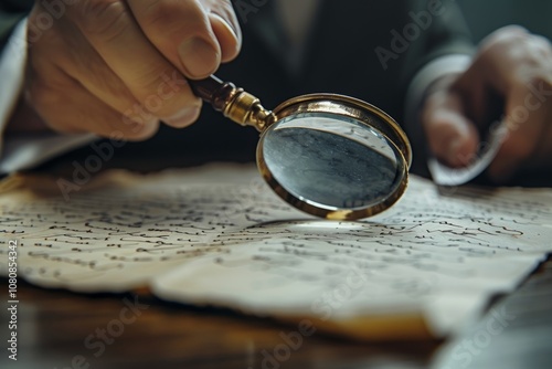 forensic handwriting expert studying a letter with a magnifying glass in a modern lab photo