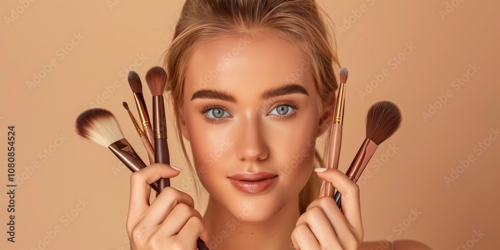 A young woman holding makeup brushes against a neutral beige backdrop symbolizes beauty and elegance. This image is associated with aesthetic, cosmetics, fashion, glamour, skincare, and trendiness A young woman holding makeup brushes against a neutral beige backdrop symbolizes beauty and elegance. This image is associated with aesthetic, cosmetics, fashion, glamour, skincare, and trendiness