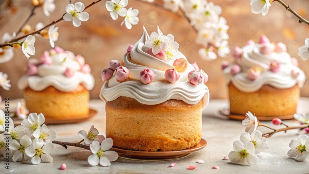 A Close-Up of Delicious Baked Kulich Topped with Light Meringue and Beautiful Apricot Blossoms, Perfect for Festive Celebrations and Springtime Treats A Close-Up of Delicious Baked Kulich Topped with Light Meringue and Beautiful Apricot Blossoms, Perfect for Festive Celebrations and Springtime Treats