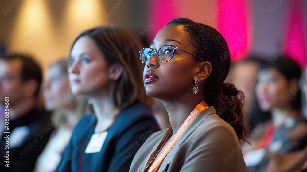 Obraz premium Engaged Audience Listening Attentively During a Professional Event with Focused Expressions Captured in a Well-Lit Setting
