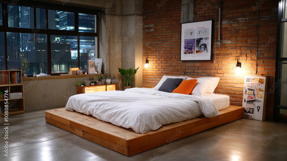 Cozy bedroom with wooden platform bed, featuring white bedding and colorful pillows. industrial style decor includes exposed brick walls and large windows, creating warm atmosphere Cozy bedroom with wooden platform bed, featuring white bedding and colorful pillows. industrial style decor includes exposed brick walls and large windows, creating warm atmosphere