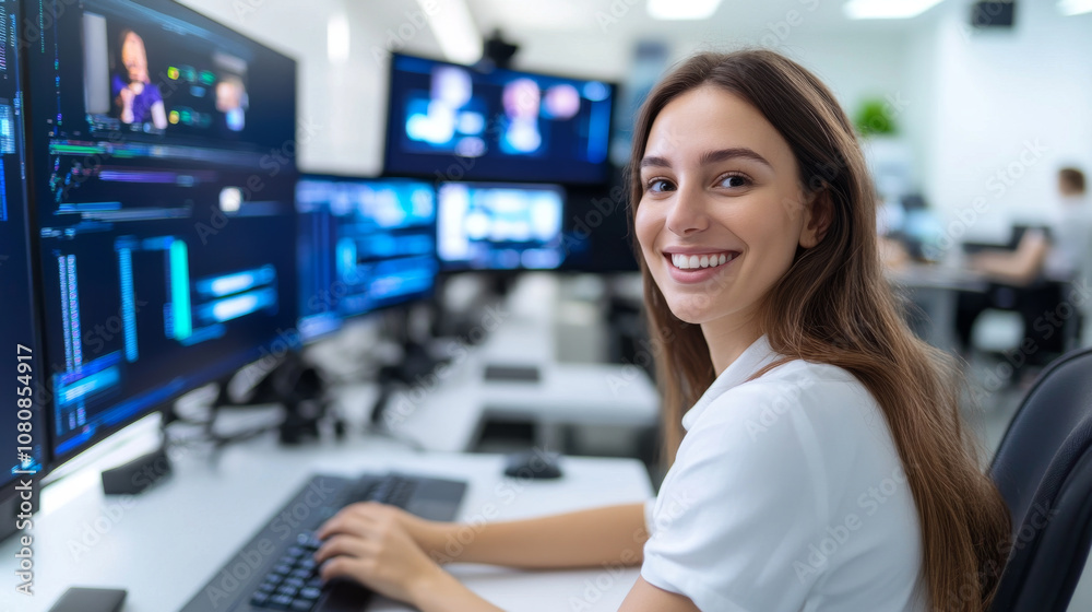 A young woman smiles while working at computer in modern office environment, surrounded by multiple screens displaying data and graphics. Her expression conveys confidence and engagement in her work A young woman smiles while working at computer in modern office environment, surrounded by multiple screens displaying data and graphics. Her expression conveys confidence and engagement in her work