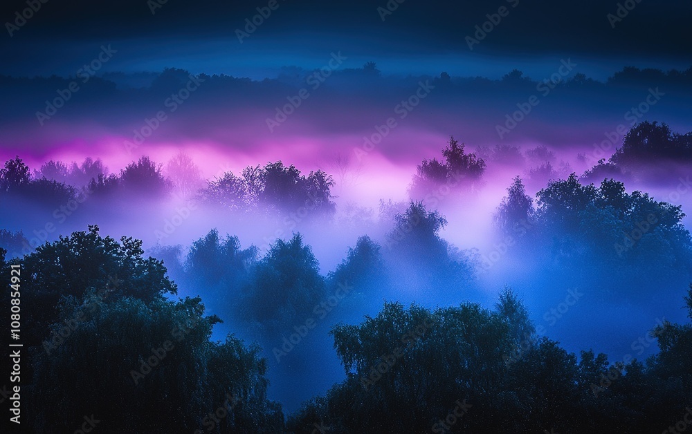 Misty dawn blankets forest in vibrant hues of blue and purple, creating a tranquil atmosphere at sunrise