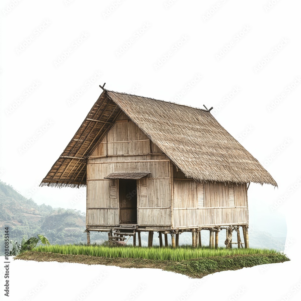 A bamboo house with a thatched roof stands in a A bamboo house with a thatched roof stands in a