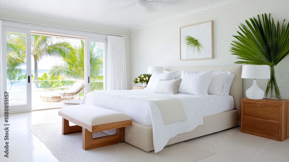 A serene bedroom featuring large bed with white linens, stylish bench, and beautiful view of palm trees through sliding glass doors. decor is minimalistic and calming, perfect for relaxation A serene bedroom featuring large bed with white linens, stylish bench, and beautiful view of palm trees through sliding glass doors. decor is minimalistic and calming, perfect for relaxation