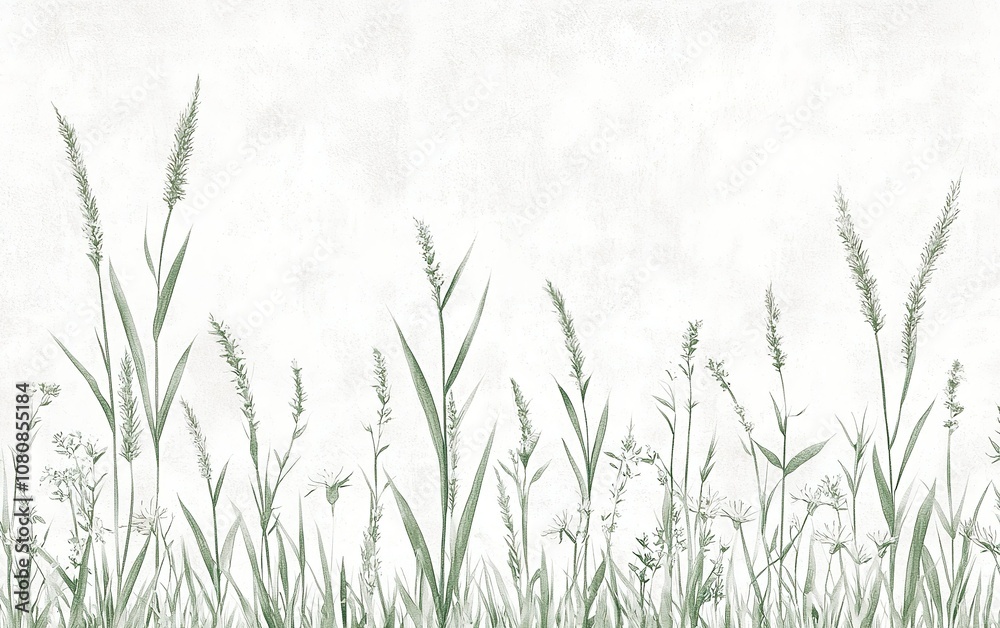 Delicate green grass and wildflowers swaying gently in the breeze against a soft, light background during a peaceful afternoon Delicate green grass and wildflowers swaying gently in the breeze against a soft, light background during a peaceful afternoon
