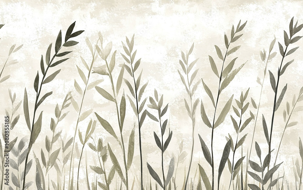 Fototapeta premium Delicate green foliage silhouetted on a light textured background, creating a serene natural atmosphere in a modern space