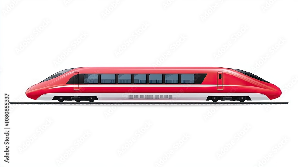 Red High-Speed Train on Tracks Against White Background Red High-Speed Train on Tracks Against White Background