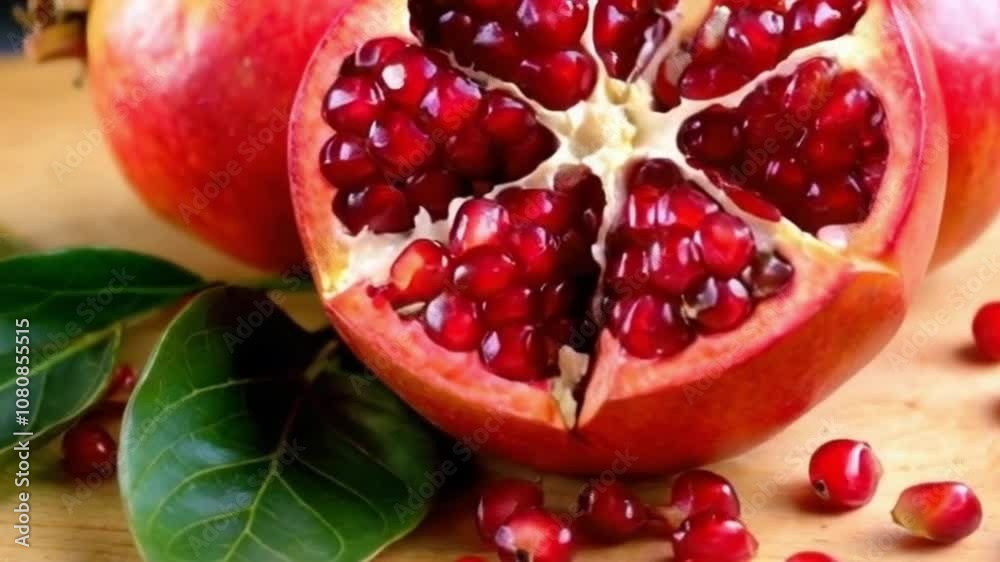 4K Overhead Shot of a Still Life with Pomegranate and Green Leaves in Cinematic Style 4K Overhead Shot of a Still Life with Pomegranate and Green Leaves in Cinematic Style